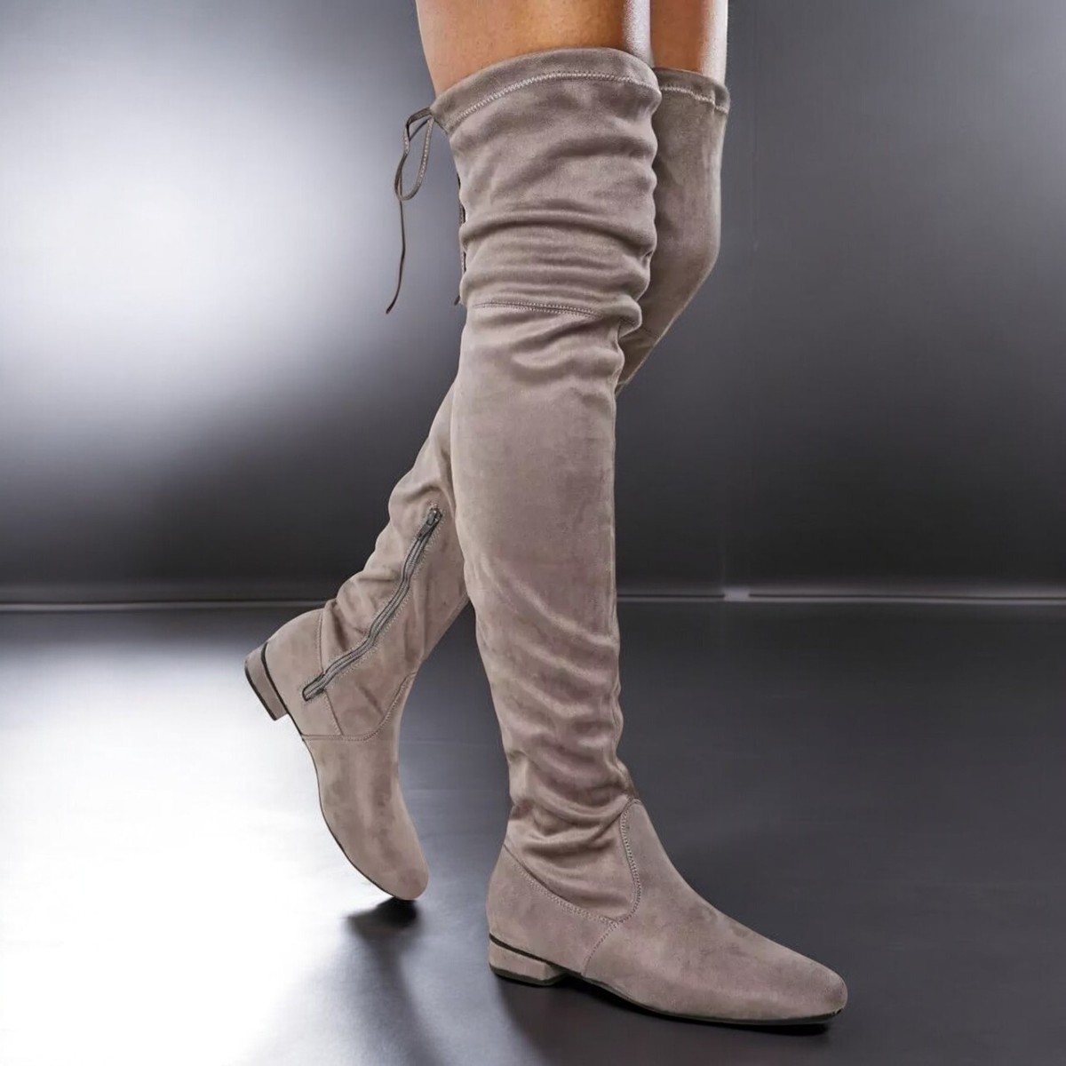 Womens Grey Thigh High Over The Knee Low Heel Flat Lace Up Boots