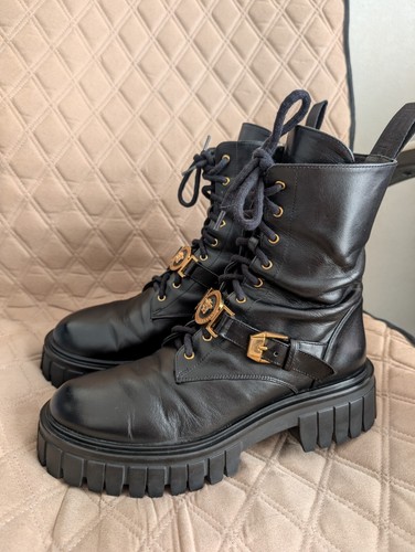 Versace Medusa Logo Combat Zip Lace Boots Black Leather Gold Buckle Biker 39 - Picture 12 of 19