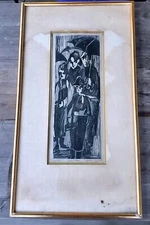 Vintage Midcentury Modern Mickie Rosen Woodcut "Bus Stop"