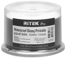 50-Pak RITEK PRO Waterproof GLOSSY White Inkjet Hub 52X 80-Min CD-R's