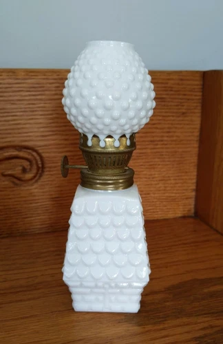 Vintage Milk Glass Patterned Base Oil Lamp with Hobnail Shade 6 1/2 Inches Japan