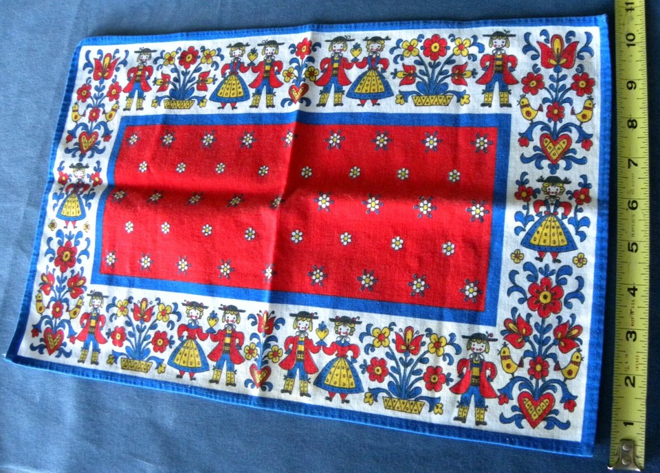Vintage GERMAN PLACEMATTraditional Folk ArtGirl&Boy w/Flowers Red