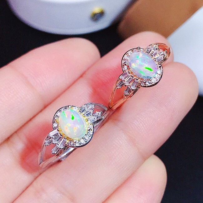 Real Rainbow Natural Fire Opal Diamond Engagement Ring 14K Rose