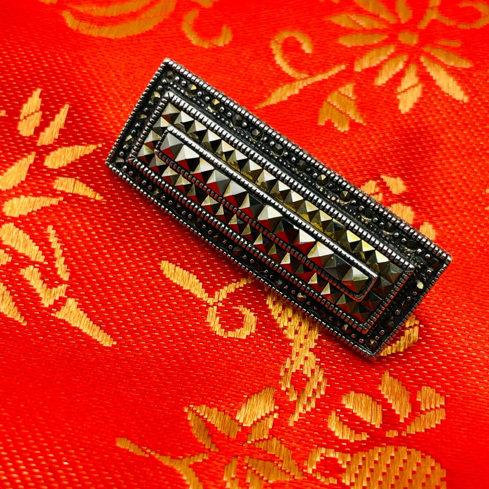 925 Sterling Silver Marcasite Rectangular Brooch … - image 1