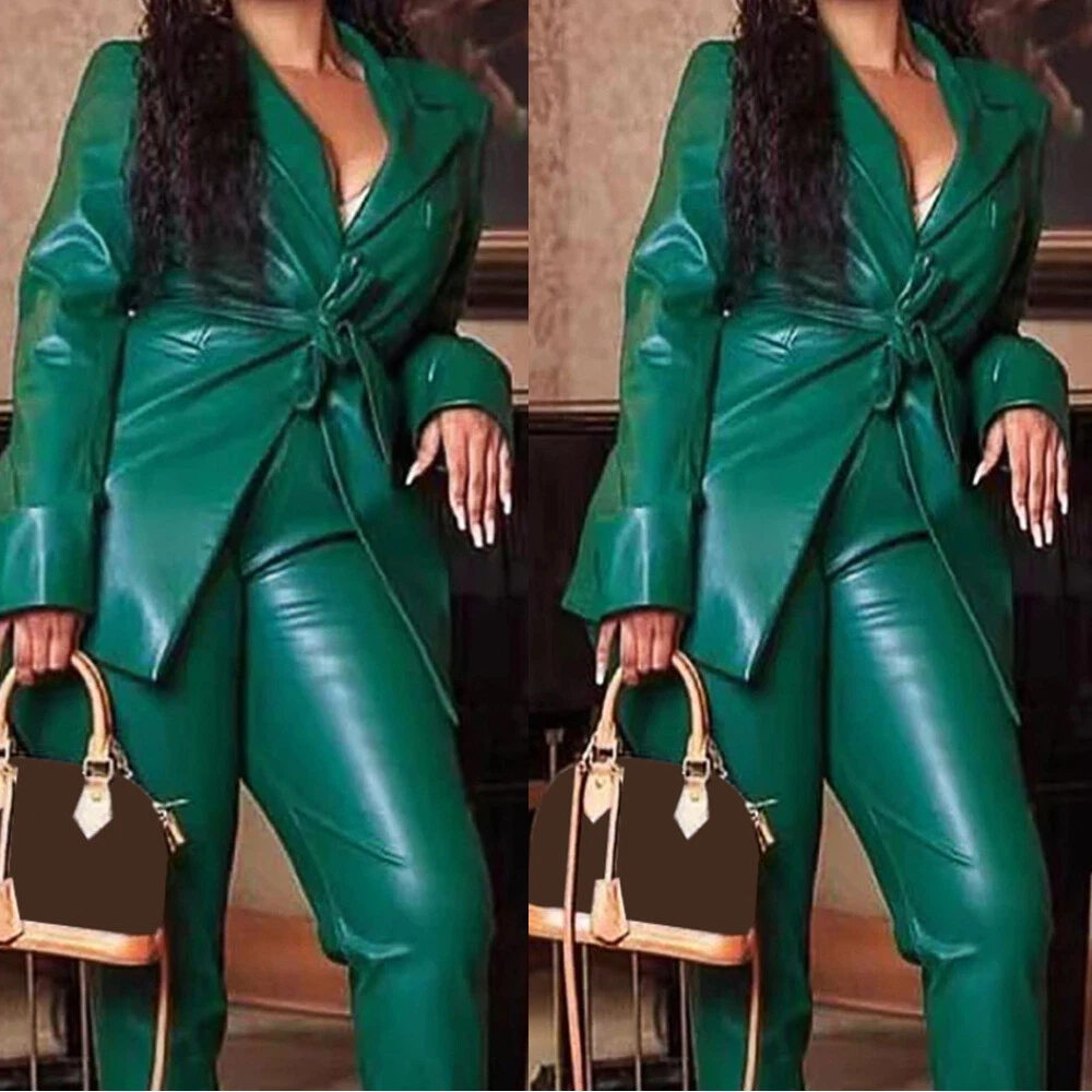 Plus Size Women Suits PU Leather With Belt Laides Party Office Work Wear  Outfits