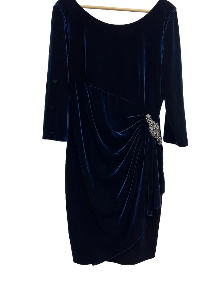 ALEX EVENINGS Plus Size Ruched Velvet Dress Blue Stones Size 16 A000149 - Image 3 of 4