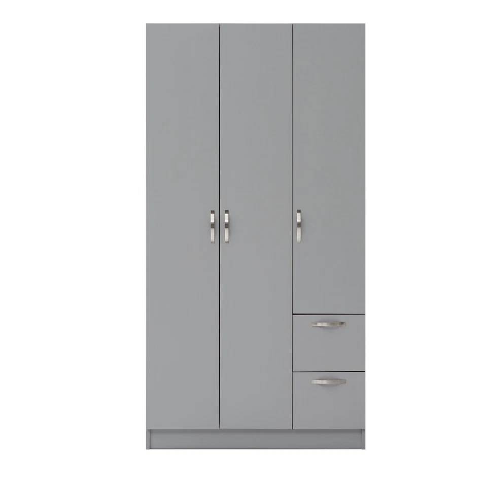 3 Door Wardrobe 2 Drawers Clothes Storage & Hanging Rail Bedroom Furniture Grey