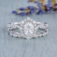 Oval Cut Simulated Diamond Engagement Bridal Set Band Ring 14k White Gold Plated