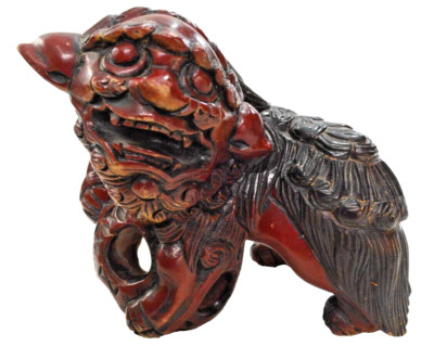 Vintage Asian Carved Wooden Foo Dog With Mystery Puzzle Ball 8'' x 4 x 7''