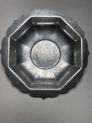 Vintage Forman Family Aluminum Bread  Fruit Serving Bowl Dish Etched Florals 9''