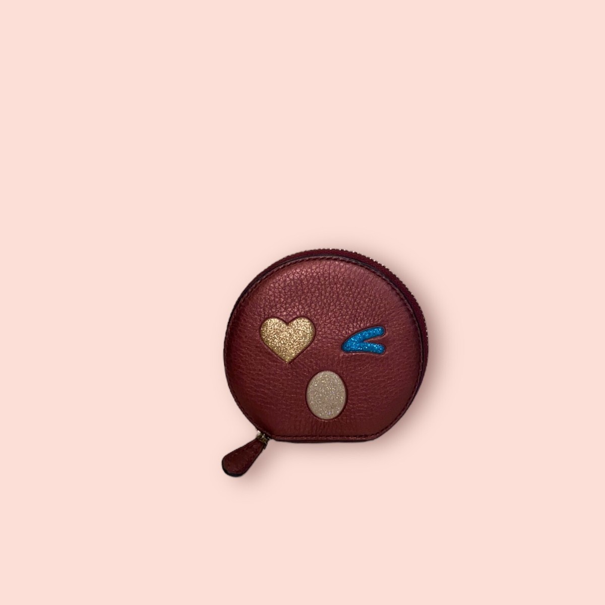 COACH Coin Purse Round Emoji Heart Glitter Bling Bordeaux Zip