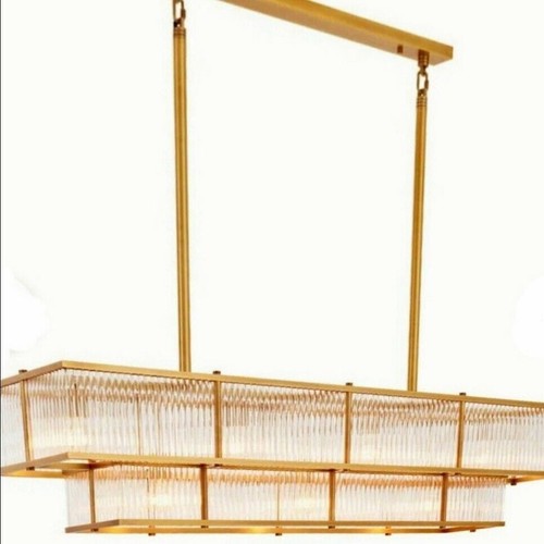 RARE ANTIQUE RECTANGULAR SHAPE TWO TIER SKYSCRAPER BRASS & GLASS ROD CHANDELIER - Picture 2 of 3