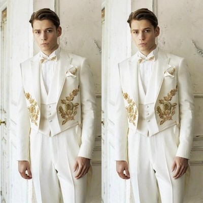 Ivory Men's 3pcs Suits with Gold Rmbroideries Evening Dinner Party Long Jacket