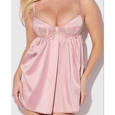 Fredericks of Hollywood Pink Satin Mesh Babydoll Chemise Lingerie Top Medium