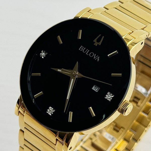 Bulova Moderno 97D116 Reloj de Cuarzo para Hombre con Esfera Negra de Diamantes y Pulsera Dorada, 42mm 3