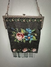 Antique Hand Beaded Purse Silver Frame Evening Bag Micro Fringe 1800s