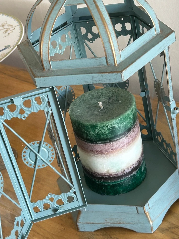 RARE Pier 1 14" Decor Metal Tabletop Lantern Candle Holder Whitewashed Antique - Image 2 of 4