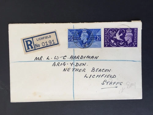 GB 1946 VICTORY SET ON LICHFIED REGISTERED FIRST DAY COVER TO LOCAL