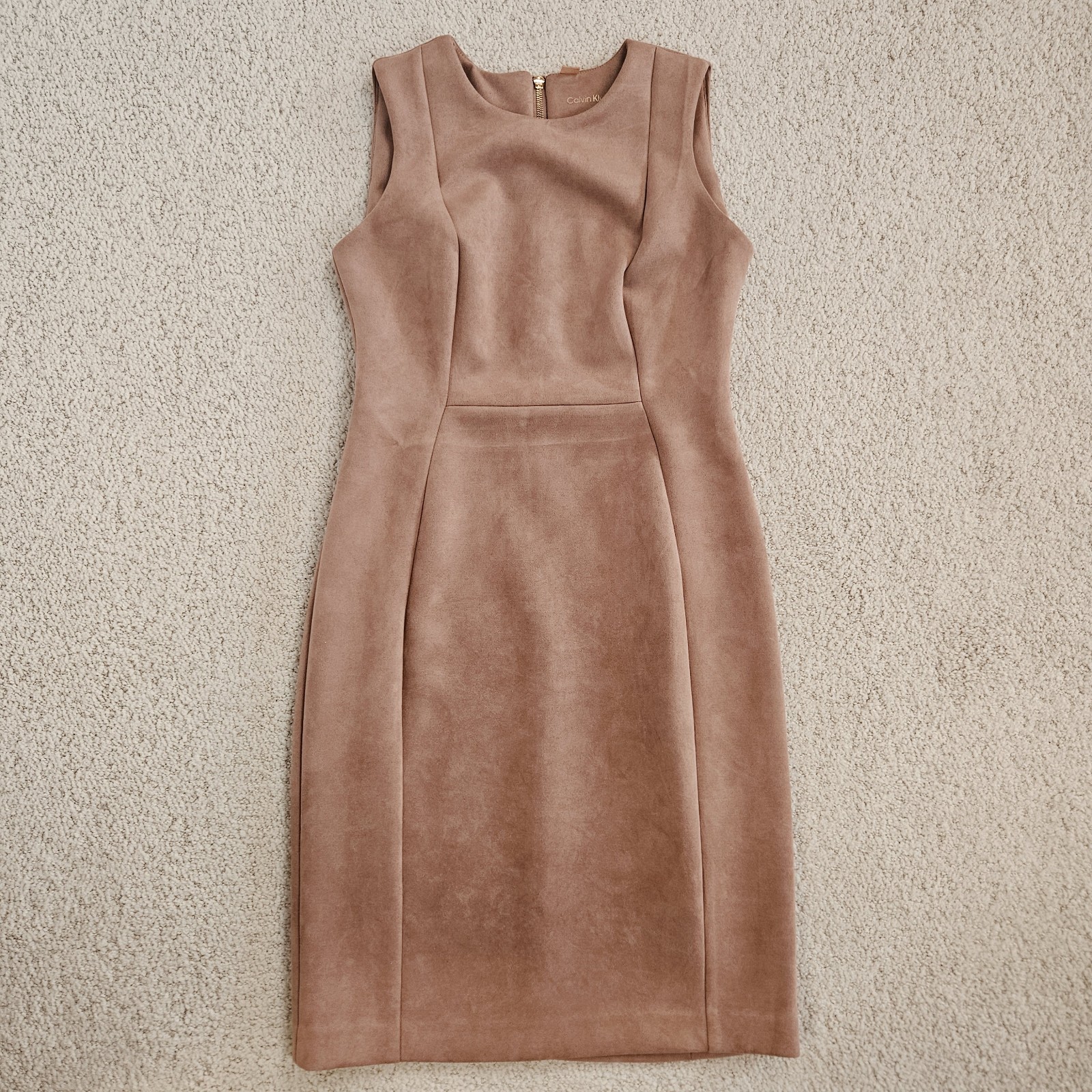 Calvin Klein Sheath Dress Tan Faux Suede Stretch Womens 8 Sleeveless Knee Length