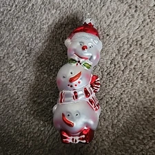 Snowman Family Stacked Heads Christmas Ornament Glitter White Red Holly Berry 5"