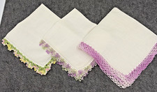 Vintage Set of 3 Hand Crochet Trimmed Handkerchiefs White Linen Triple Hemstitch
