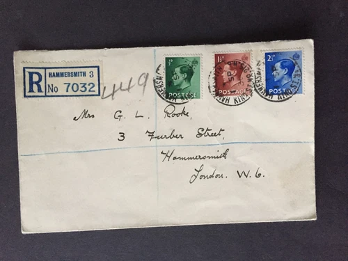 GB 1936 ½d + 1½d + 2½d ON FIRST DAY HAMMERSMITH REG COVER TO LOCAL