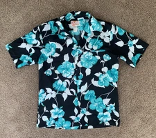 Vintage Sears Hawaiian Fashions Button Up 70s Black/Turquoise Floral Shirt-Sz M