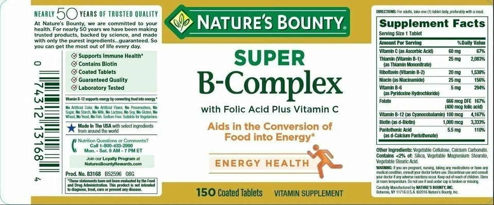 Suplemento vitamínico complexo Nature's Bounty Super B suporte energético à saúde 150 ct - Imagem 2 de 4