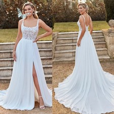 Boho Elegant Wedding Dress Applique Square Collar Backless Chiffon Bridal Gowns