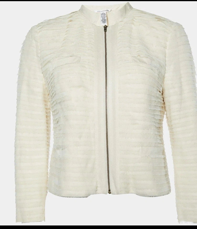 Chaqueta Diane von Furstenberg marfil 100 % seda, rococó texturizada cierre de cremallera, talla 8 Foto 2 de 4