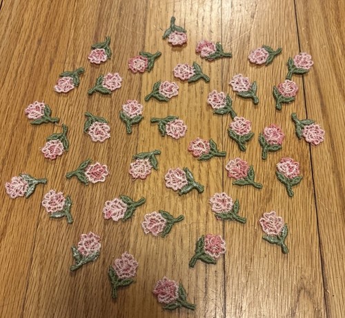 Vintage Pink Green Flowers Rose Floral Applique Crafts Knit Embellishments Lot