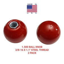 2 PACK 1.500 Ball Knobs Handles 3/8"-16 Red Polymer, Steel Thread  Machinery