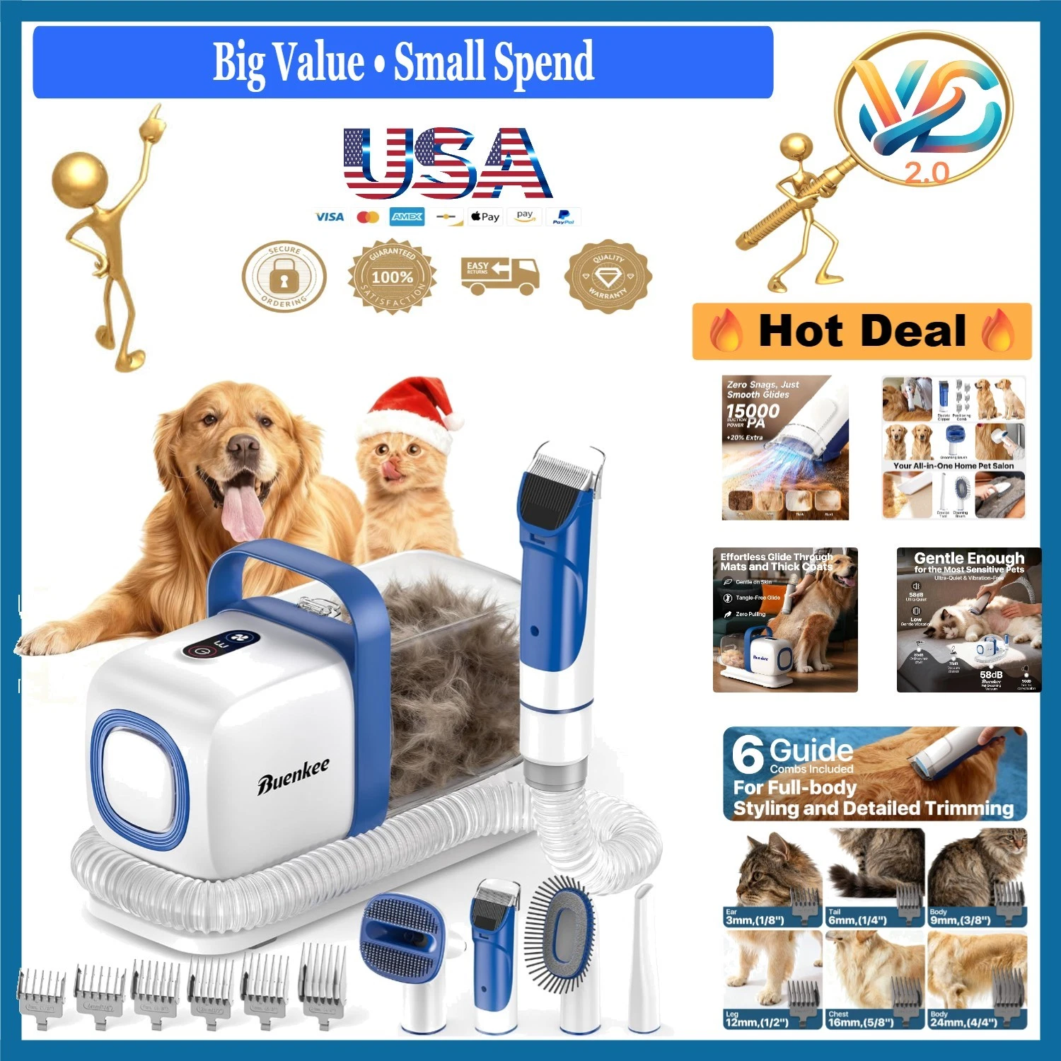 Dog Grooming Kit with Vacuum 15000Pa Clippers Shedding Brush Low Noise