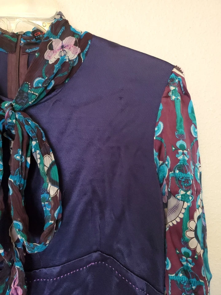 Vestido Custo Barcelona Azul Floral Seda Imperio Cintura Lazo Mod Talla 1 XS Pequeño Foto 4 de 4