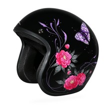 Daytona DOT 3/4 Motocicleta Rosa Mariposa Diseño Mujer - Casco Negro Brillante DC6-B