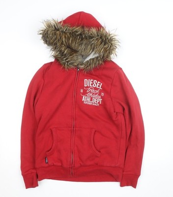 Diesel Herren Hoodie Pullover rot mit Fell gefüttert Full Zip Größe L