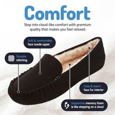 BLACK - FLOOPI WOMEN SLIPPERS MOCCASINS, SOFT FAUX FUR LINING WITH COZY MEMORY