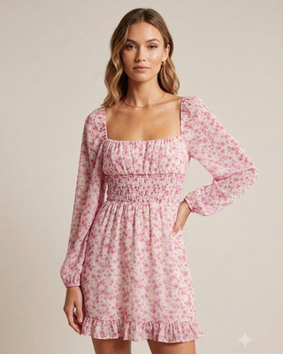 Koton Pink White Floral Chiffon Mini Dress Square Neck Smocked Ruffle UK 8