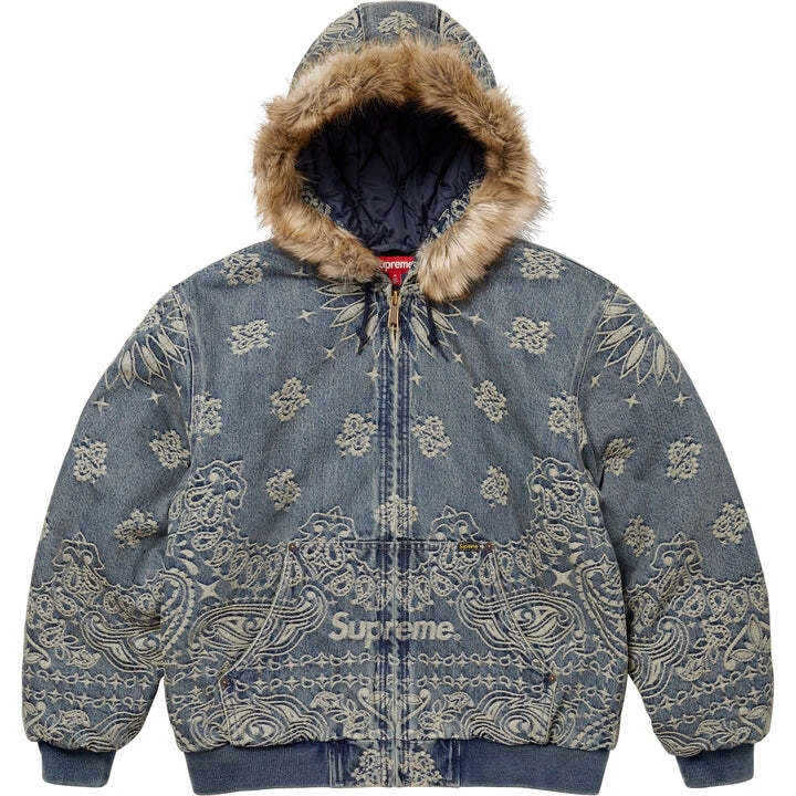VESTE DE TRAVAIL À CAPUCHE EN DENIM JACQUARD BANDANA SUPRÊME TAILLE GRAND À LA MAIN