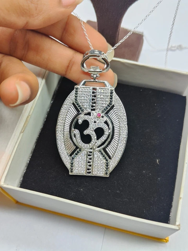 Lab Created Black Diamond Men's "OM" Pendant Round Cut 14K White Gold Plated 18" - Image 4 of 4
