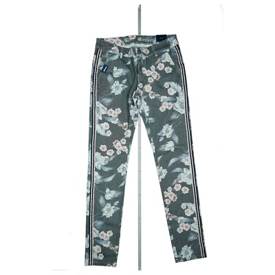 Blue Monkey Jeans Trousers Skinny Stretch W27 L32 Elastic Waist Floral Patterned NEW.