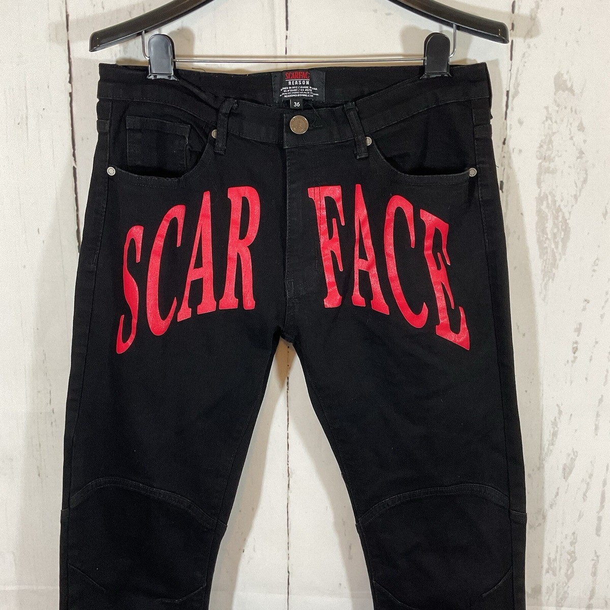 Scarface Reason Mens Jeans Size 36 Black Slim Skinny Streetwear