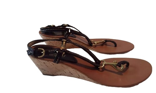 Coach Gynger Brown Leather Wedge Sandals Lobster Claw Shoe 8.5 M Medium