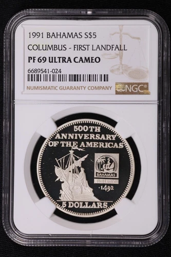 1991 BAHAMAS SILVER 5 DOLLARS COLUMBUS First Landfall - NGC PF 69 ULTRA CAMEO