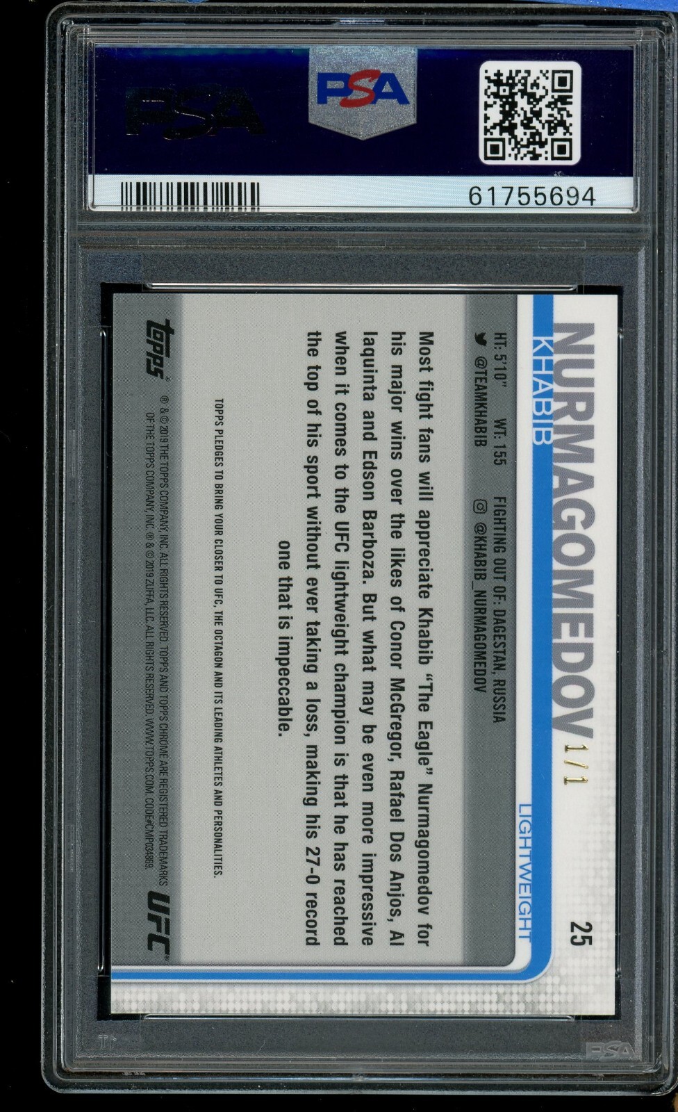 Khabib Nurmagomedov McGregor 2019 Topps Chrome UFC SUPERFRACTOR GRAIL 1/1 PSA 9 view 2