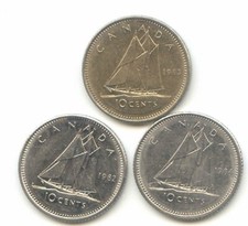 Canada 1982 1983 1984 Dimes Canadian 10 Cent Pieces 10c EXACT SET