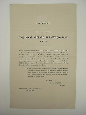 Indian Midland Railway Co Außerordentliche Generalversammlung Fusionsdokument 1900 fast neuwertig