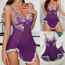Women's Lingerie Floral Lace Sheer Dress Babydoll Sleepwear G-string Pajamas Set