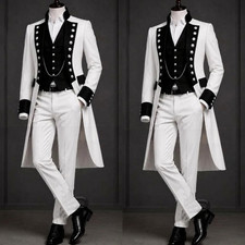 White Men's Long Jacket Prom Suit Wedding Groom Outfits Hosting Formal 3Pcs