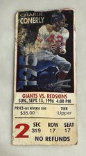 New York Giants vs Washington Redskins Full Game Ticket 9/15/1996 Charlie Conerl